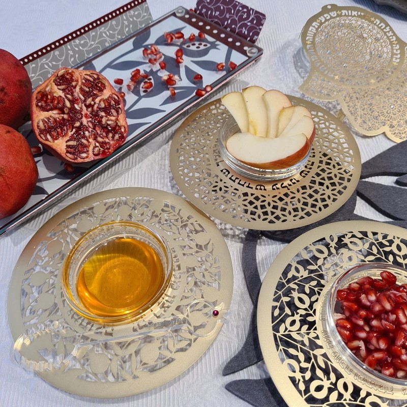Dorit Judaica Stainless Steel & Glass Rosh Hashanah Honey Dish - Pomeg